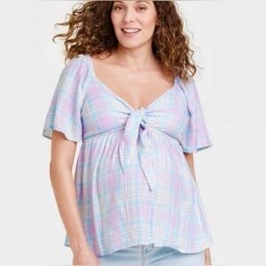 ISABEL - Maternity By Ingrid /Tie-Front Maternity Top / Plaid / Size M